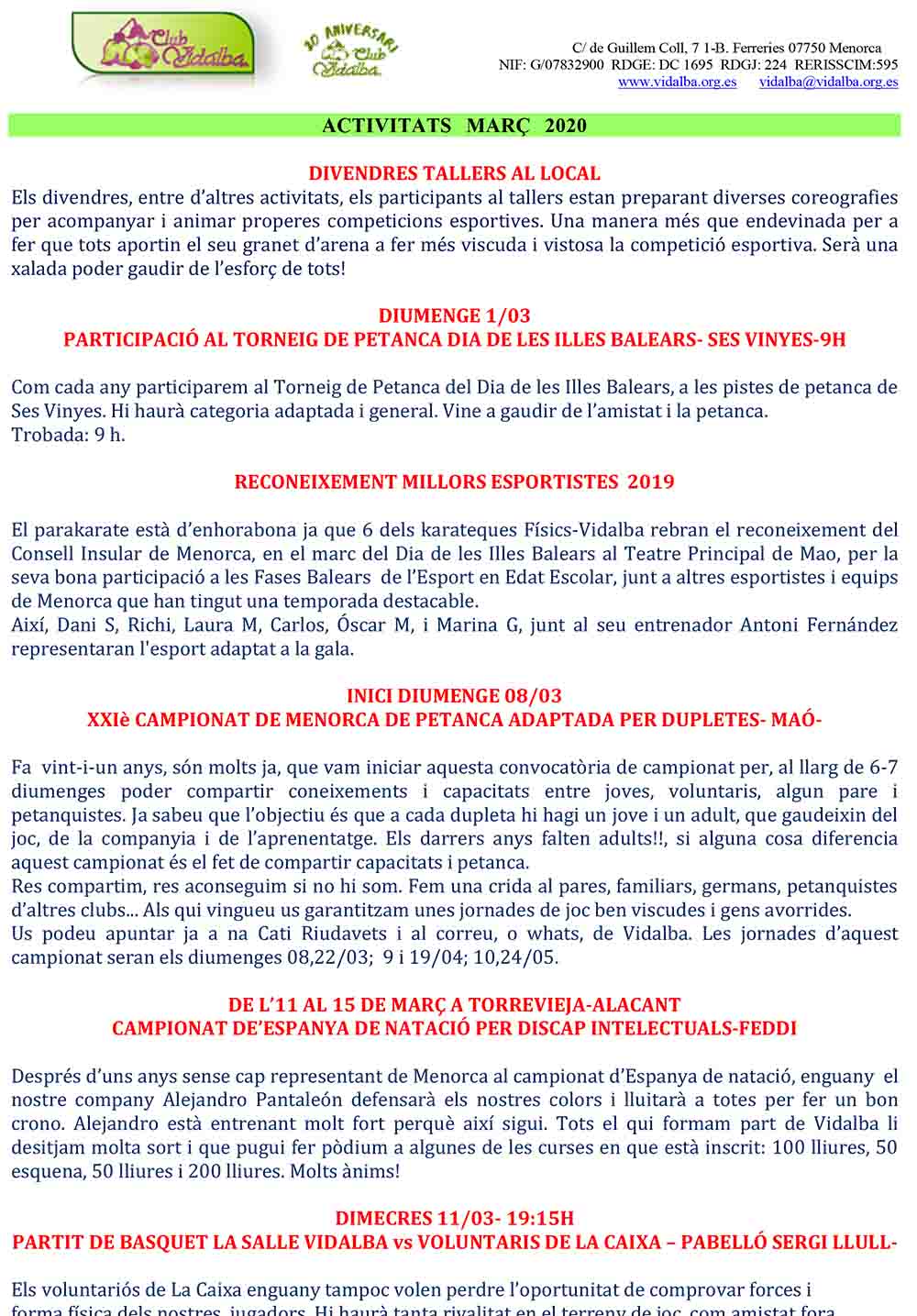 ACTIVITATS Vidalba MARÇ