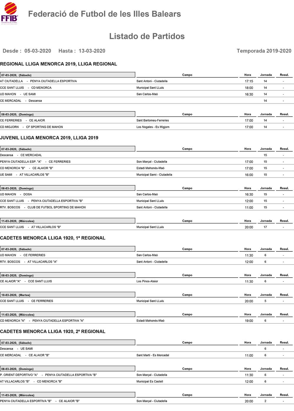 Horarios Futbol Menorca