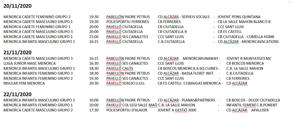 Horarios Bàsquet Menorca