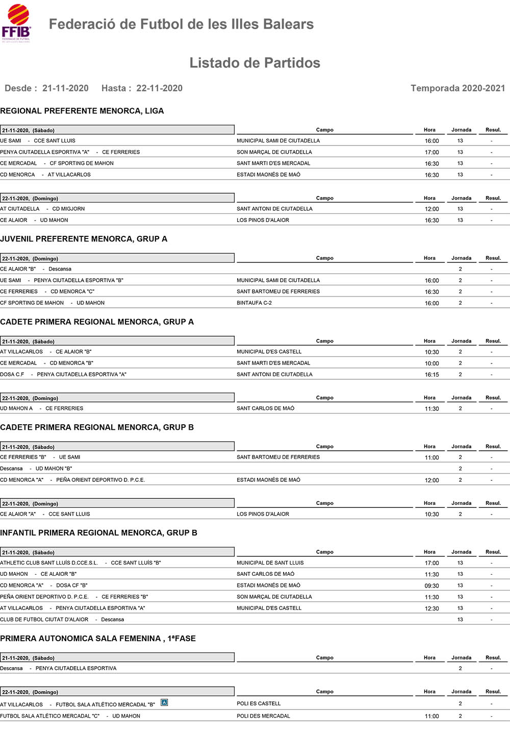Horarios Futbol Menorca