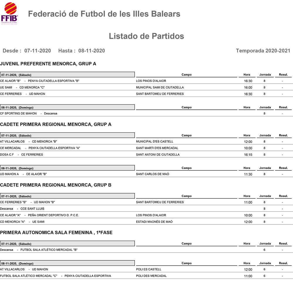 Horarios Futbol Menorca