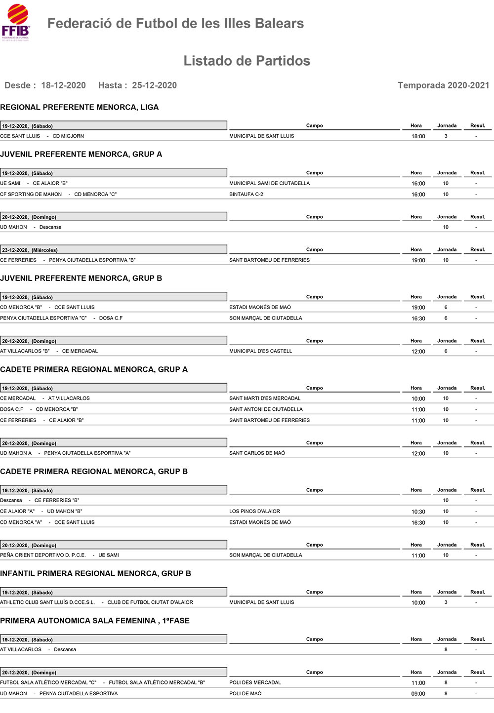 Horarios Futbol Menorca