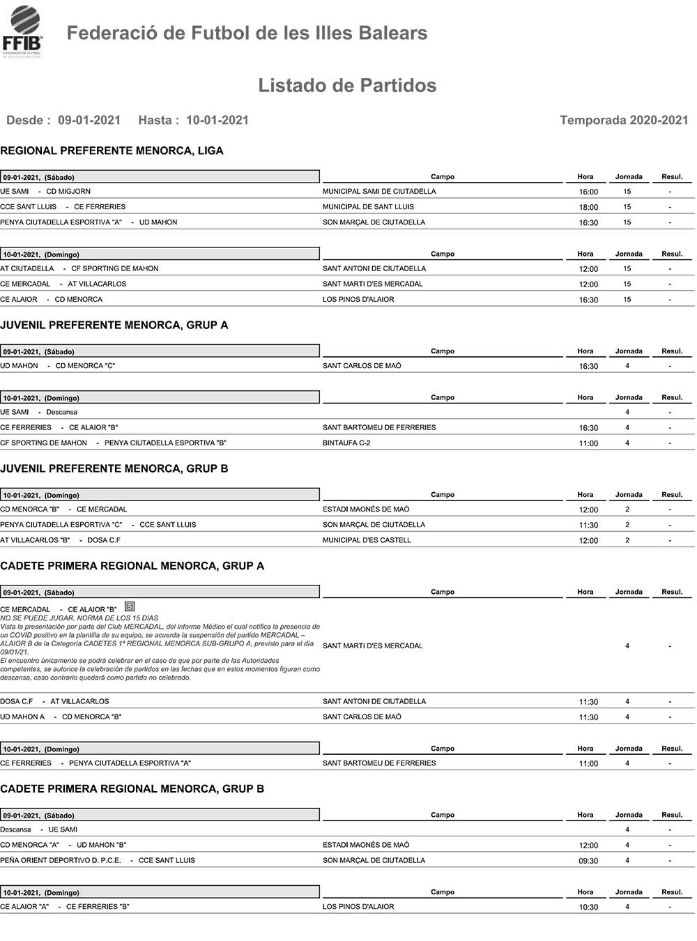 Horarios Futbol Menorca