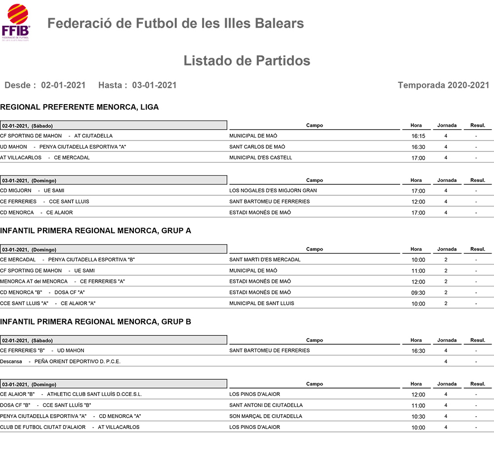 Horarios Futbol Menorca