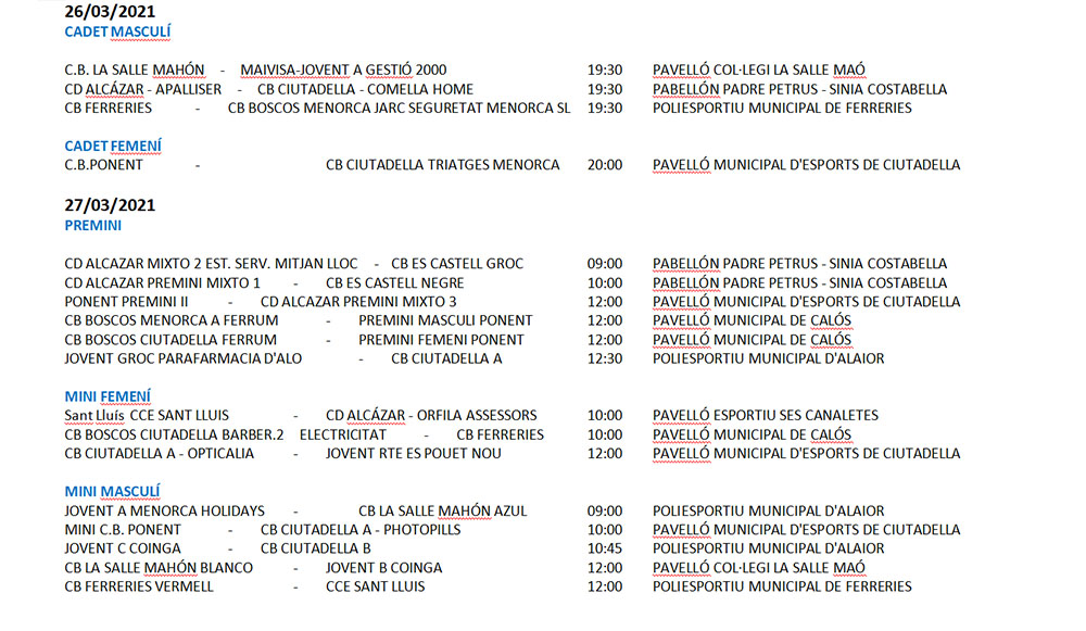 Horarios Bàsquet Menorca
