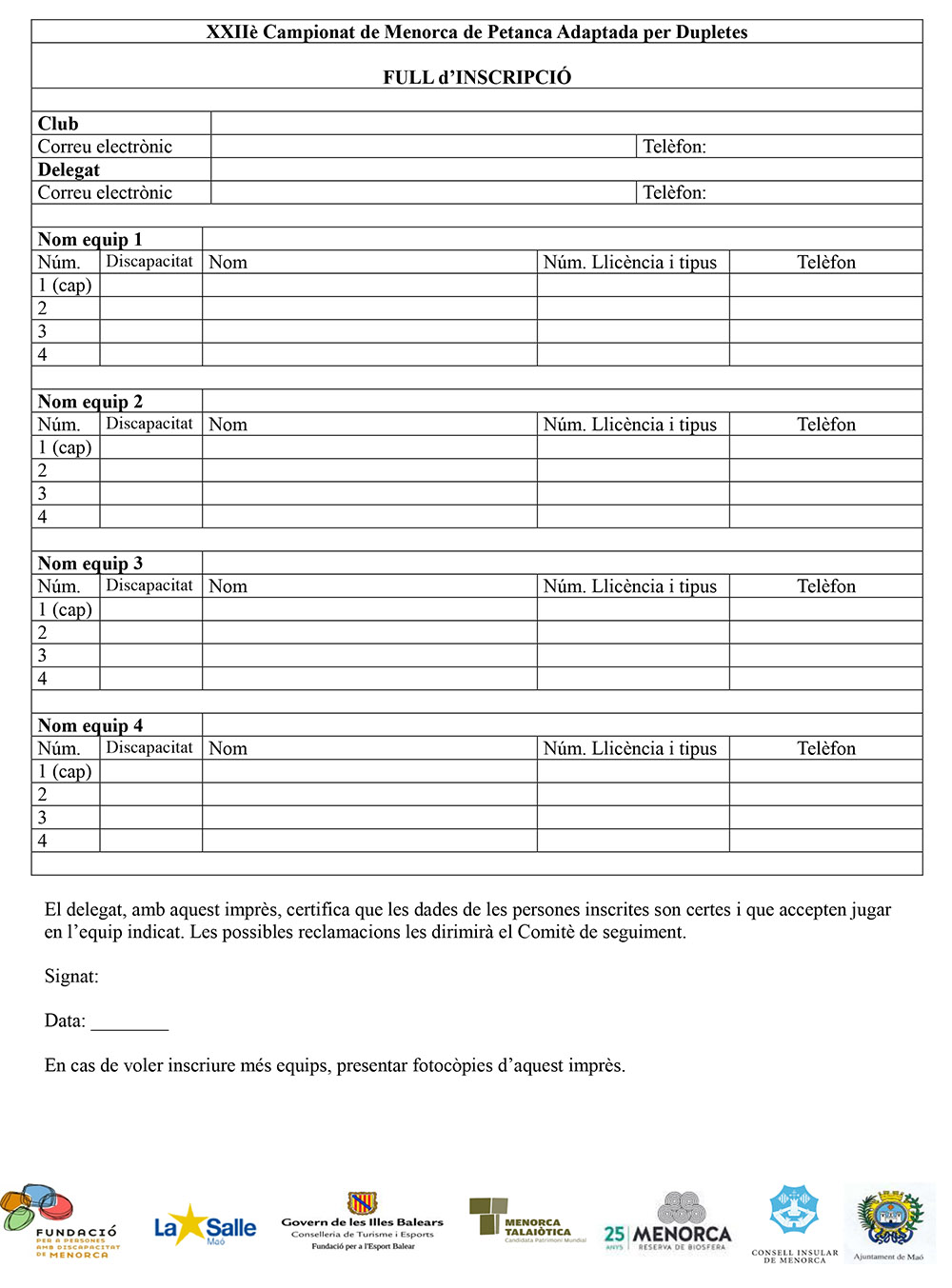 XXIIè CAMPIONAT DE MENORCA DE PETANCA ADAPTADA PER DUPLETES