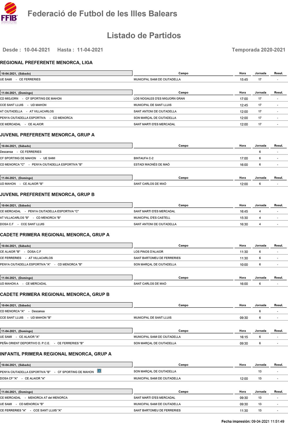 Horarios Futbol Menorca