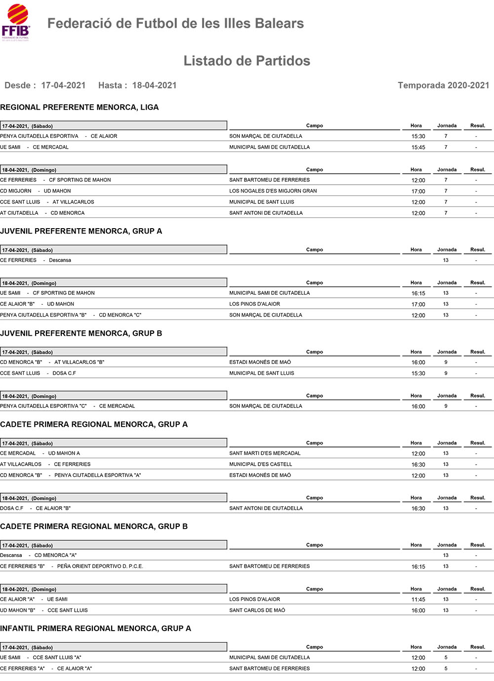Horarios Futbol Menorca