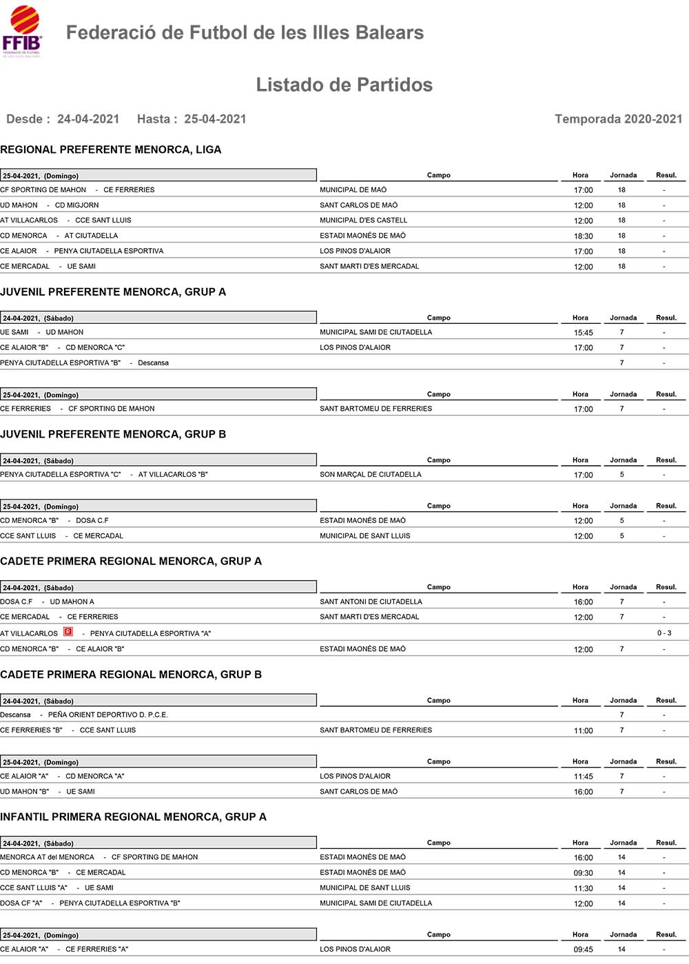 Horarios Futbol Menorca