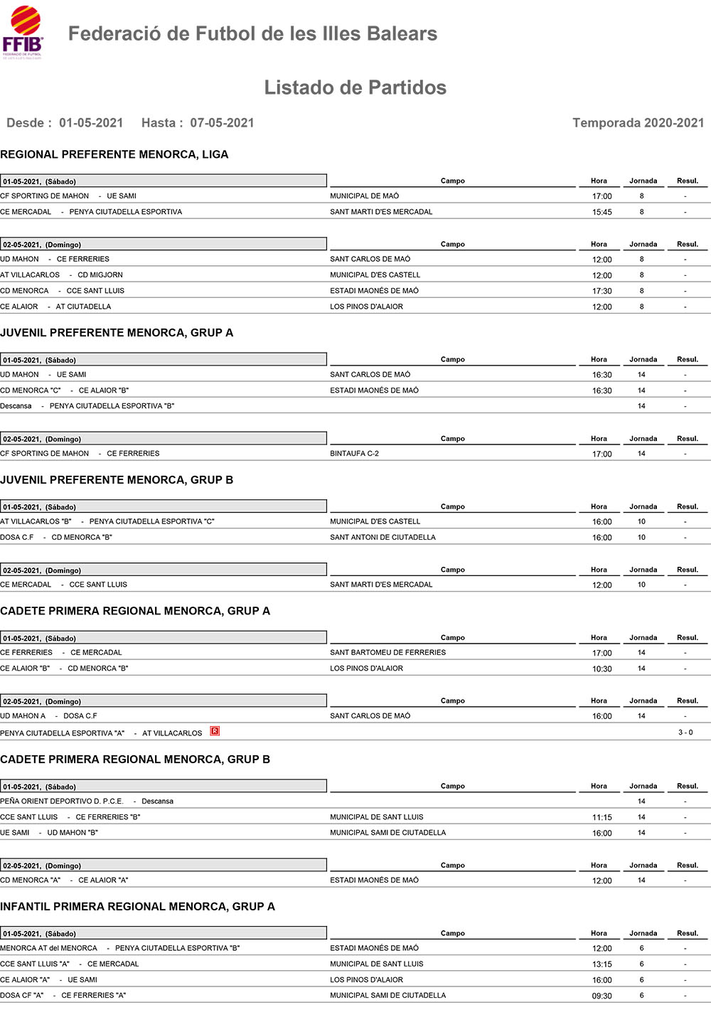 Horarios Futbol Menorca