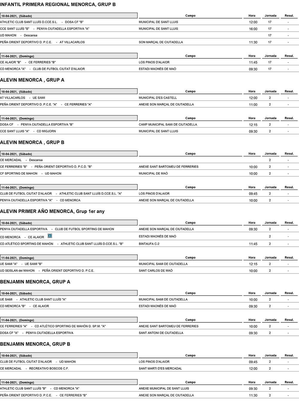 Horarios Futbol Menorca