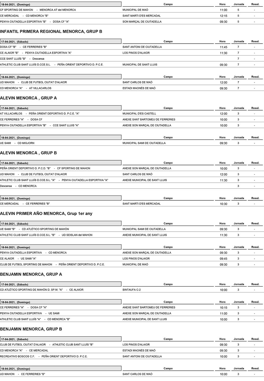 Horarios Futbol Menorca