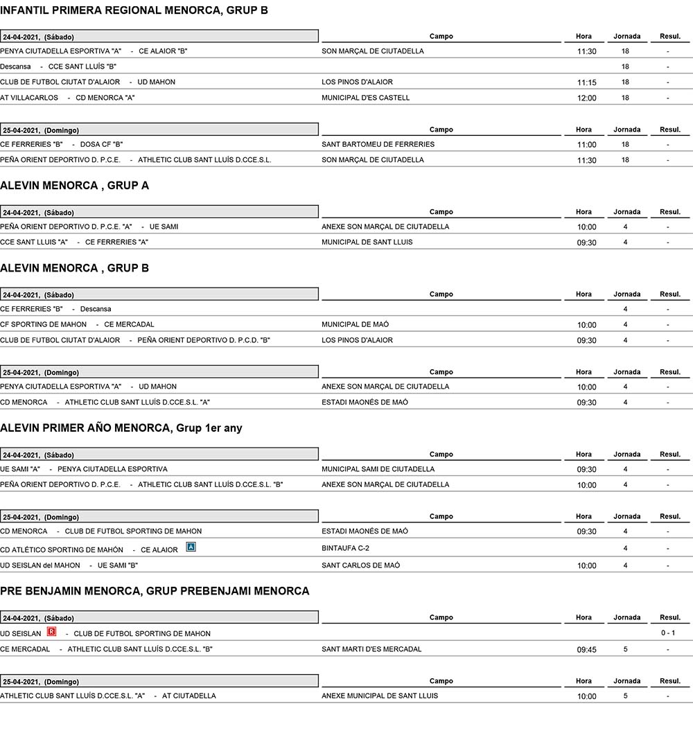 Horarios Futbol Menorca