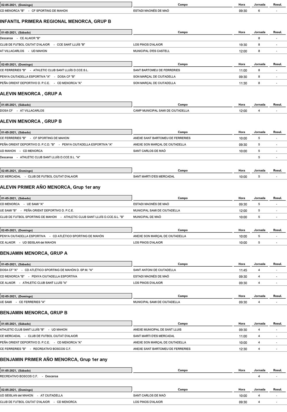 Horarios Futbol Menorca