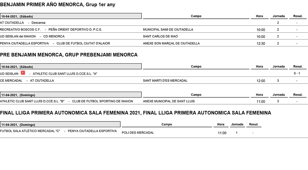 Horarios Futbol Menorca