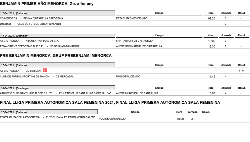 Horarios Futbol Menorca