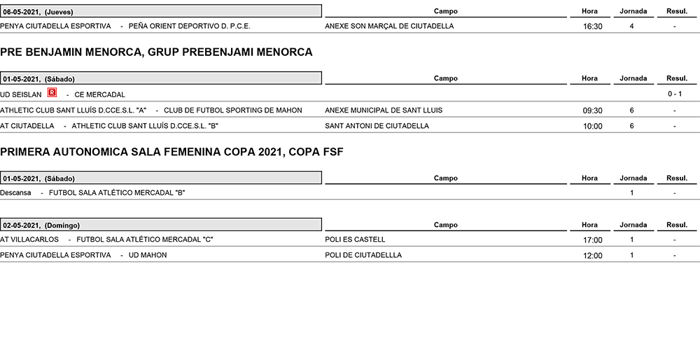 Horarios Futbol Menorca