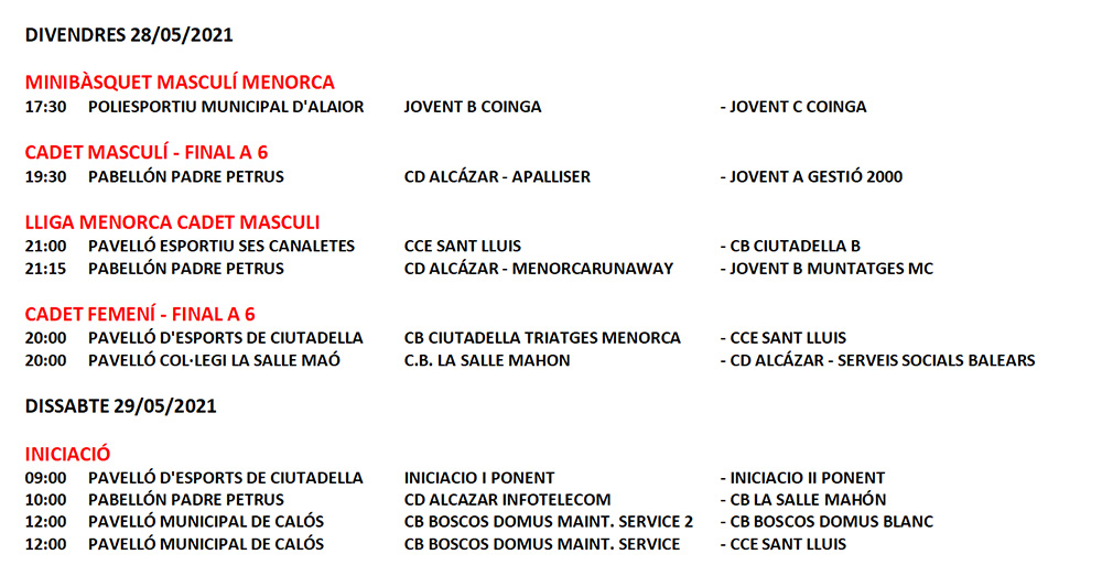 Horarios Bàsquet Menorca
