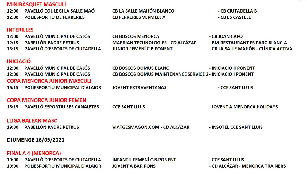 Horarios Bàsquet Menorca