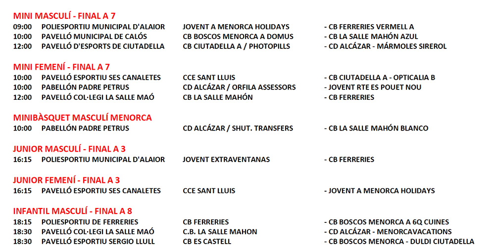 Horarios Bàsquet Menorca