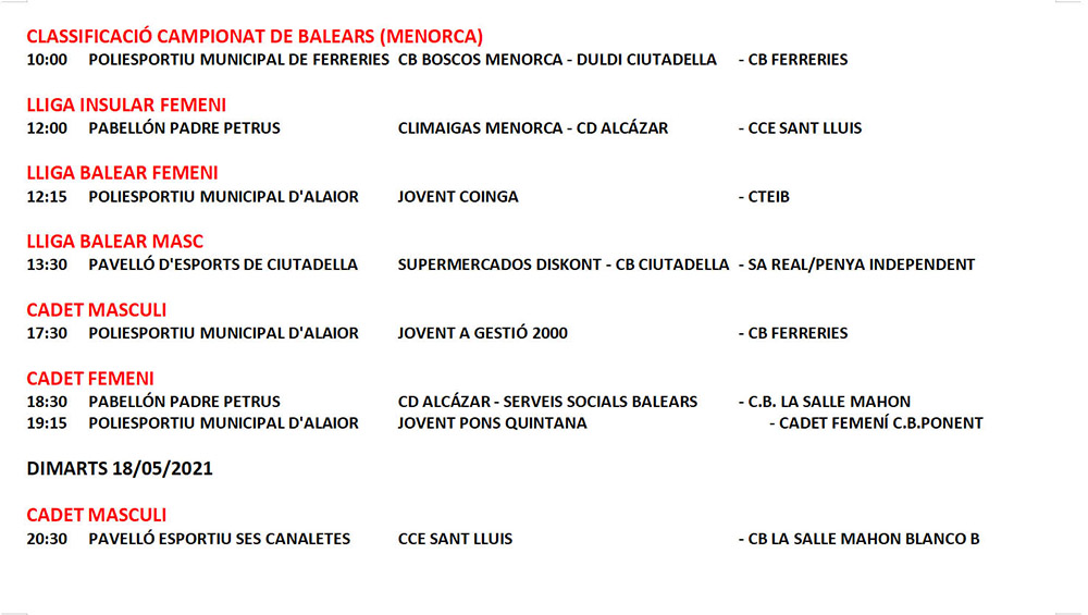 Horarios Bàsquet Menorca