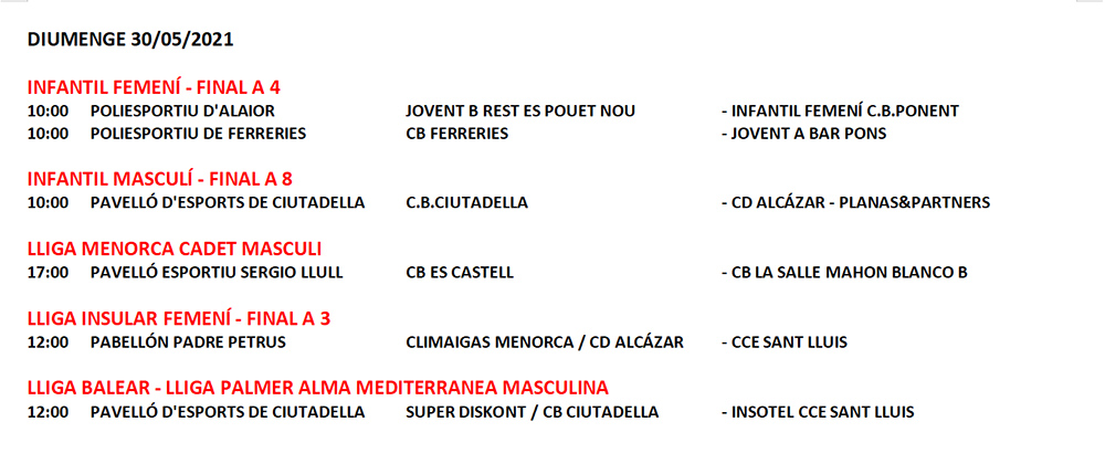 Horarios Bàsquet Menorca