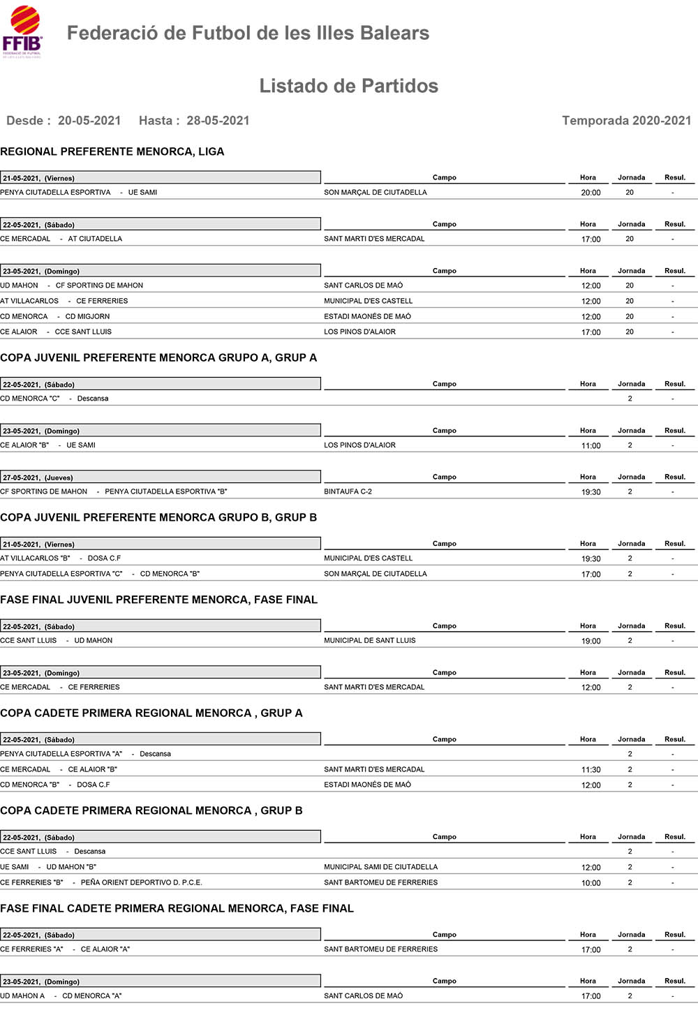 Horarios Futbol Menorca