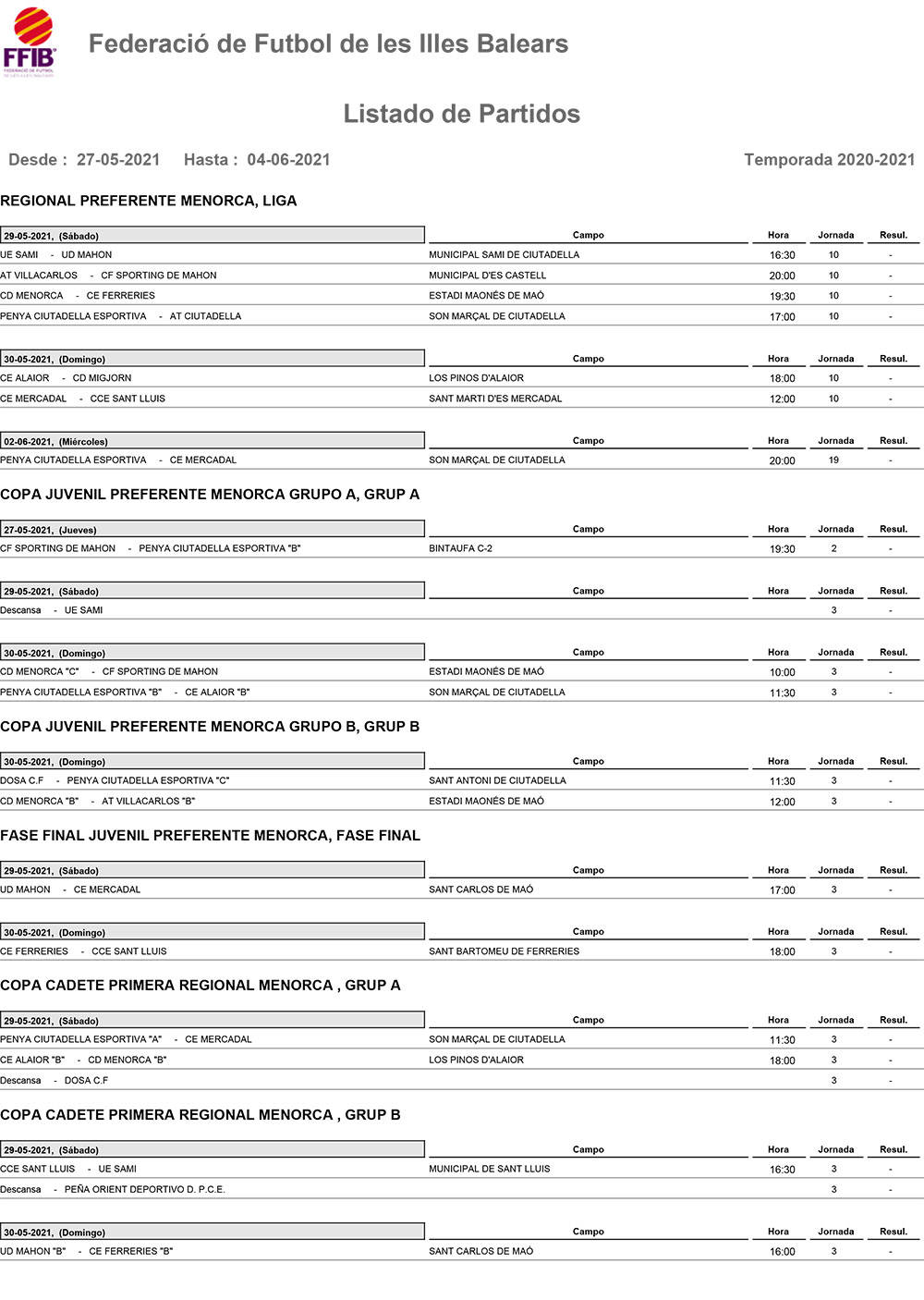 Horarios Futbol Menorca