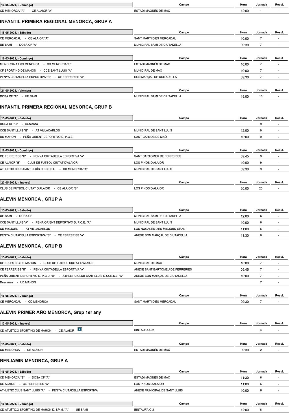 Horarios Futbol Menorca 