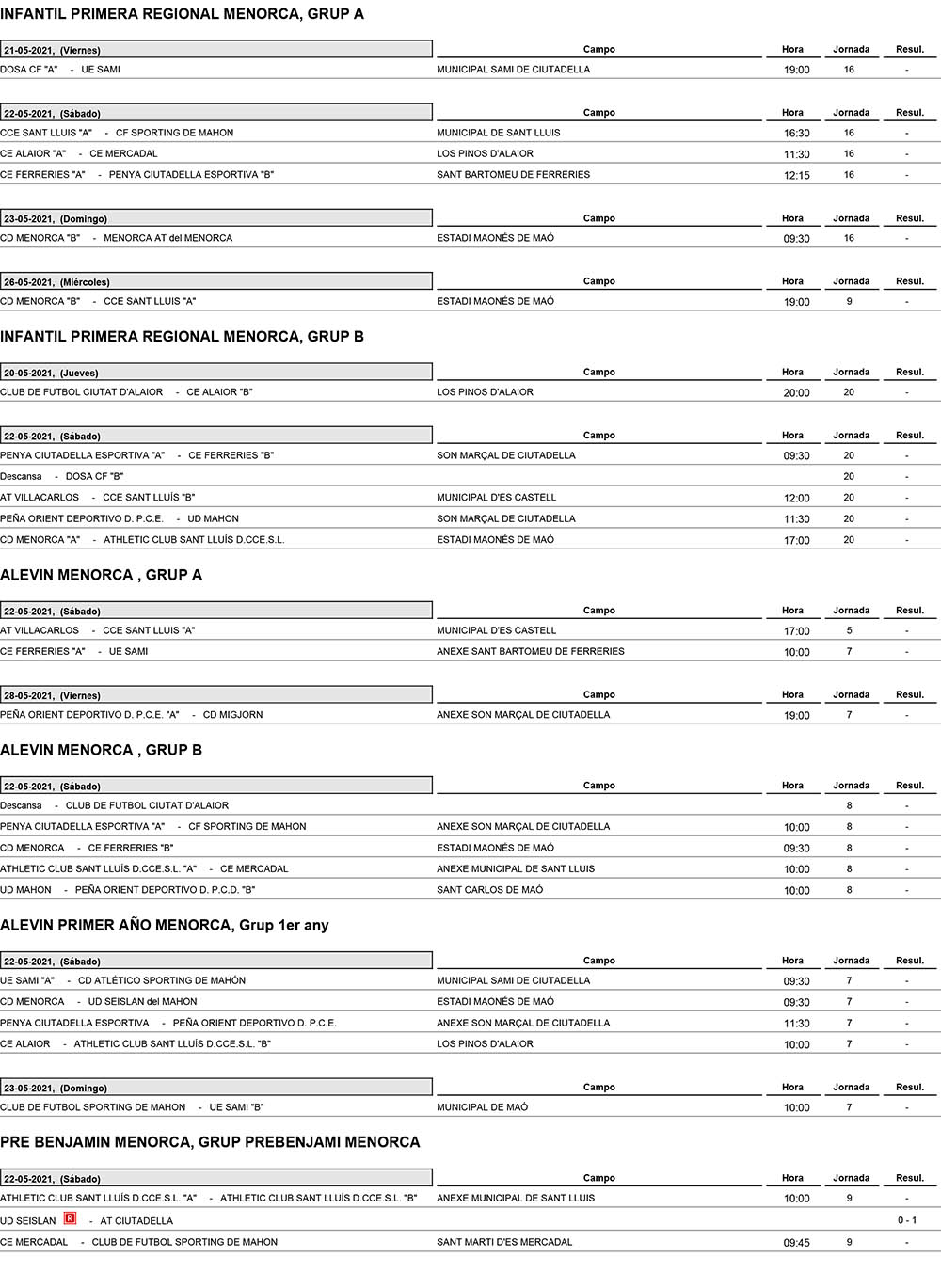 Horarios Futbol Menorca