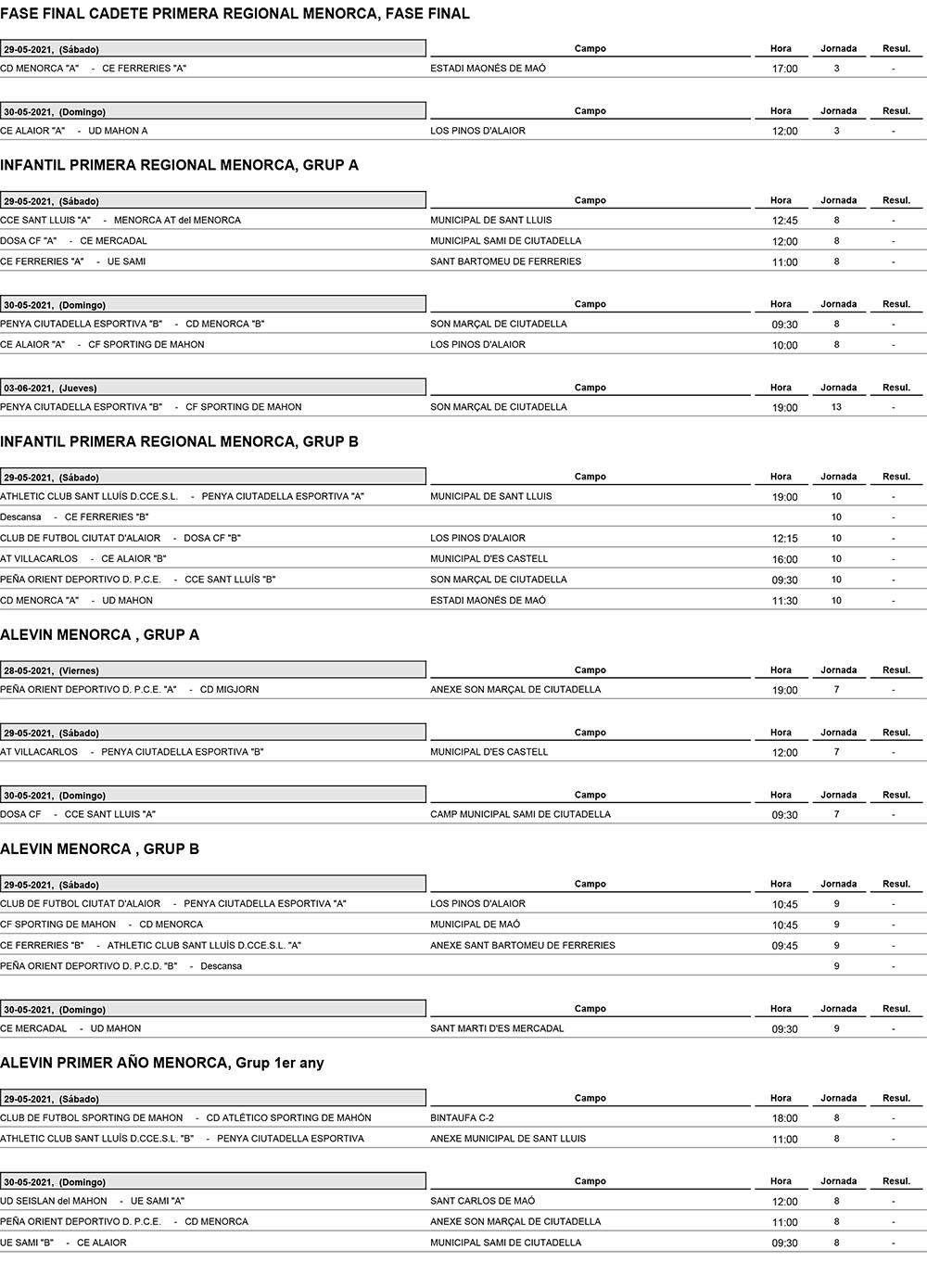 Horarios Futbol Menorca