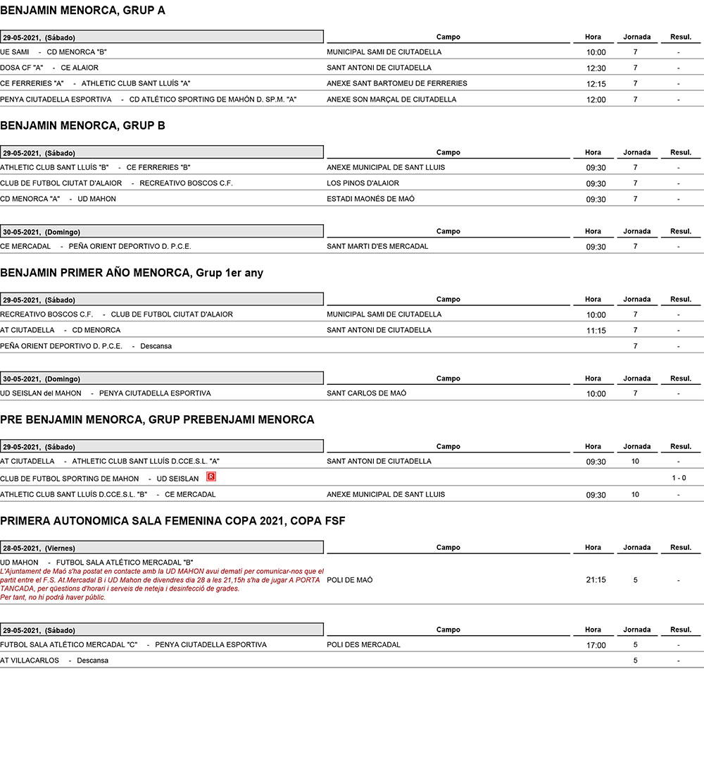Horarios Futbol Menorca