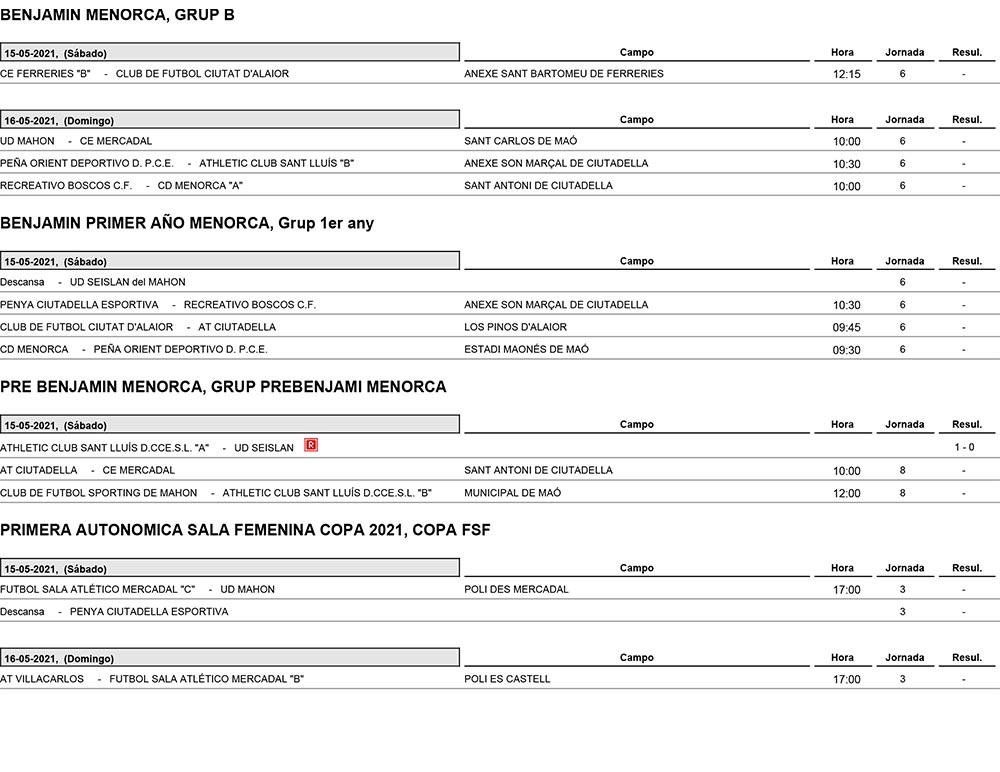 Horarios Futbol Menorca 