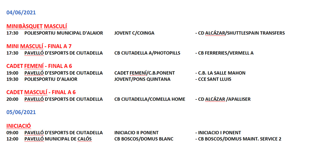 Horarios Bàsquet Menorca
