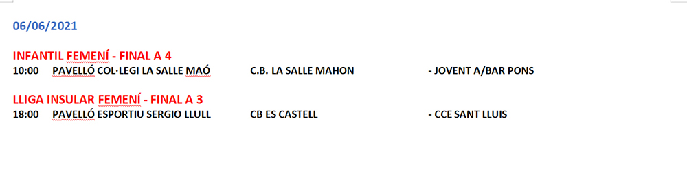 Horarios Bàsquet Menorca