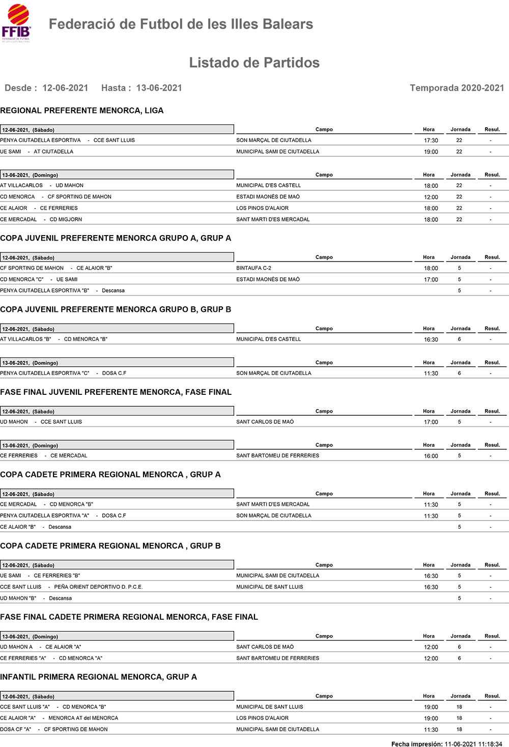 Horarios Futbol Menorca