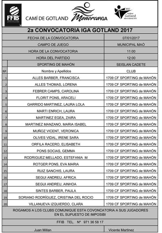 Convocatoria IGA FEMENINO GOTLAND 2017