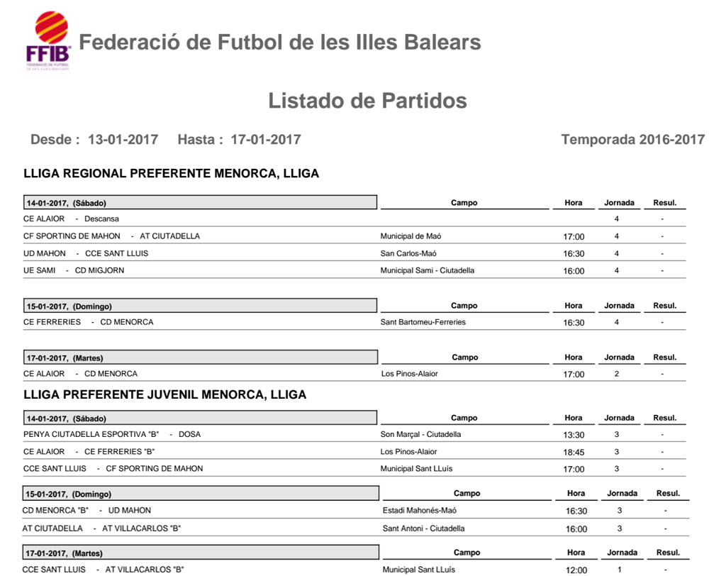 Horaris futbol Menorca