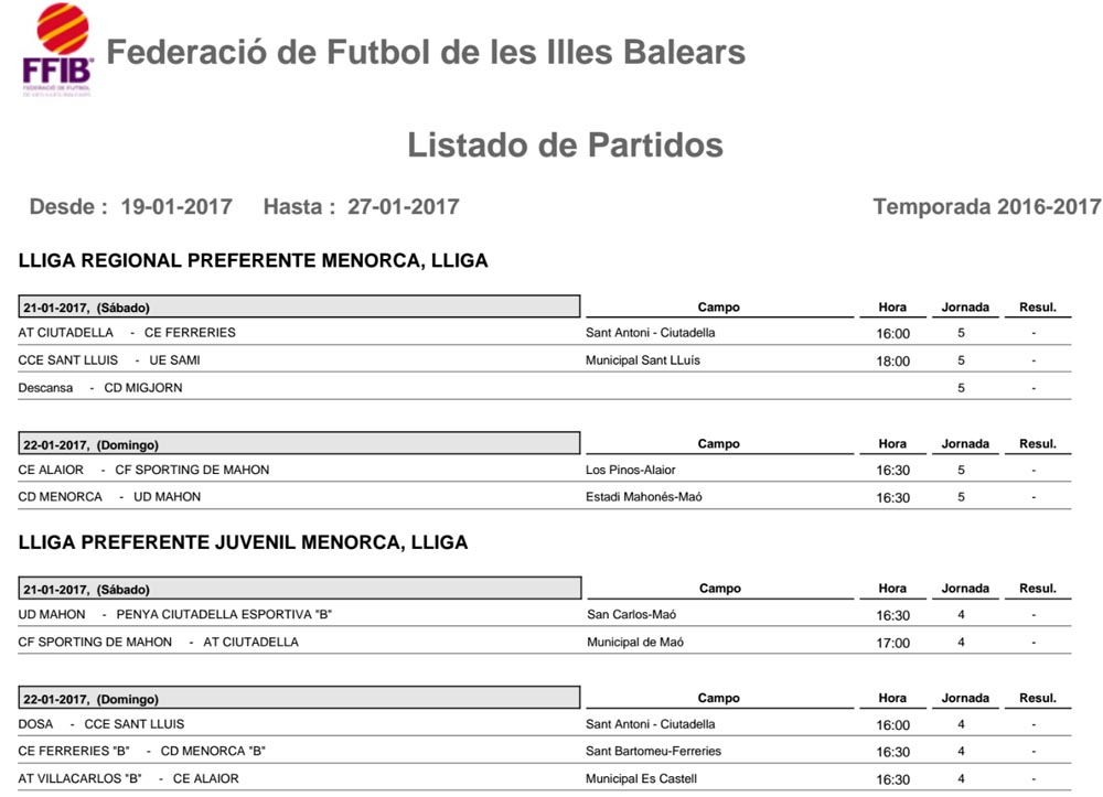 Horaris futbol Menorca