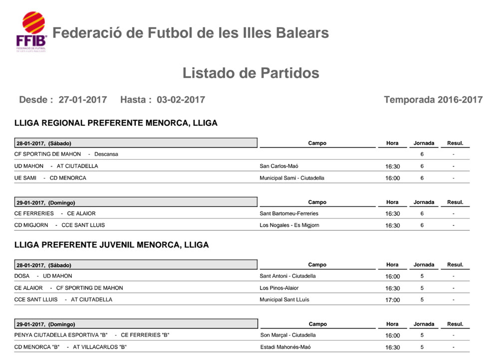 Horaris futbol Menorca