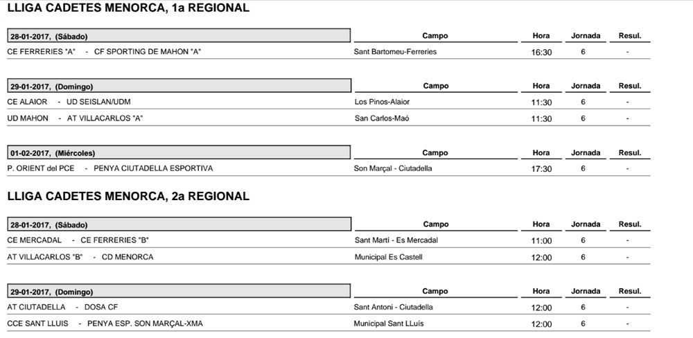 Horaris futbol Menorca