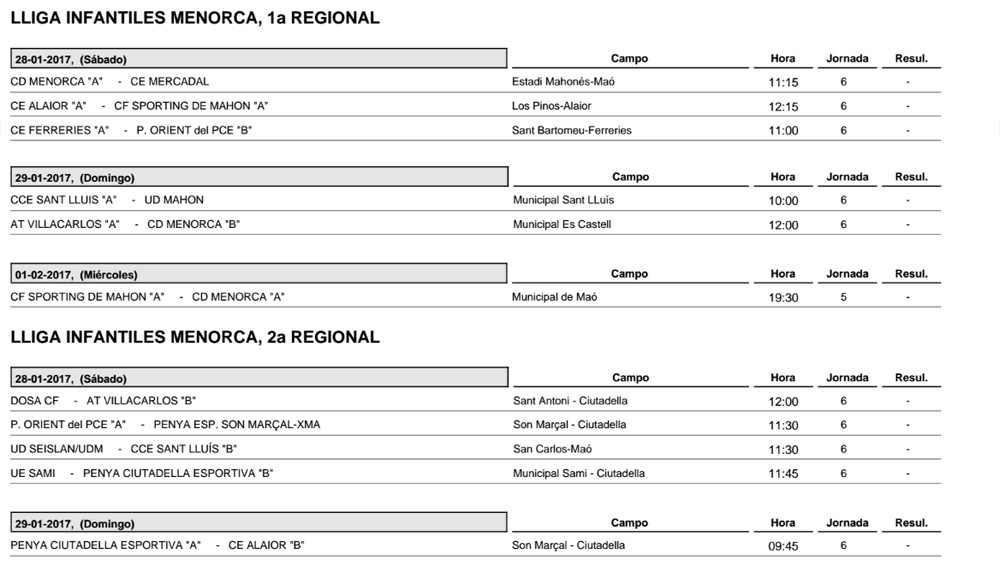 Horaris futbol Menorca