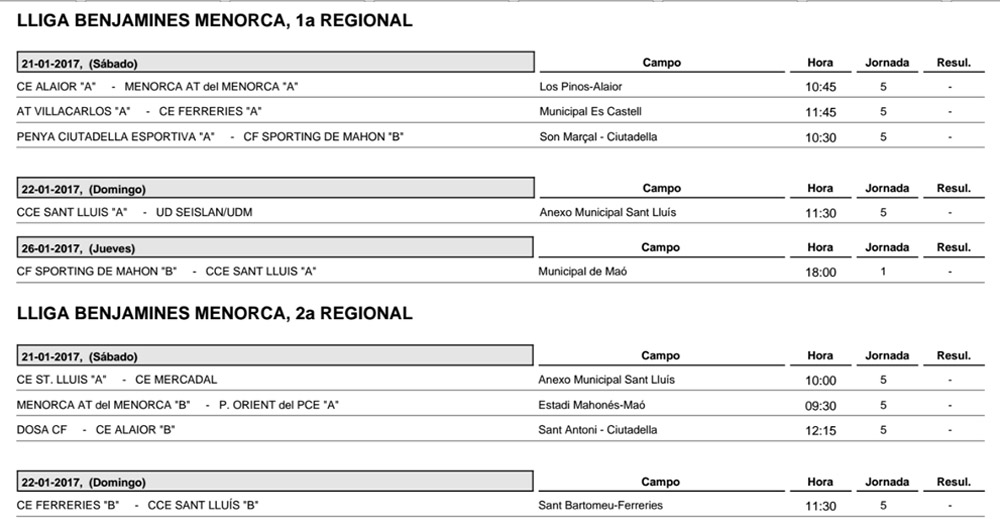 Horaris futbol Menorca