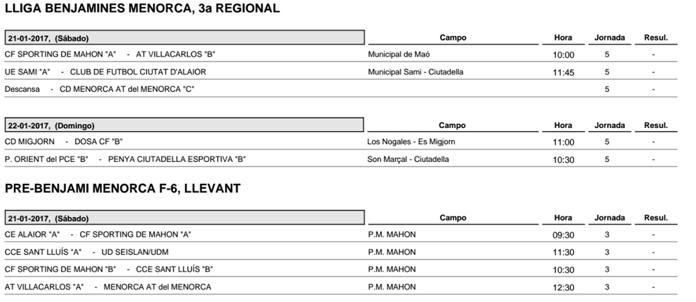 Horaris futbol Menorca
