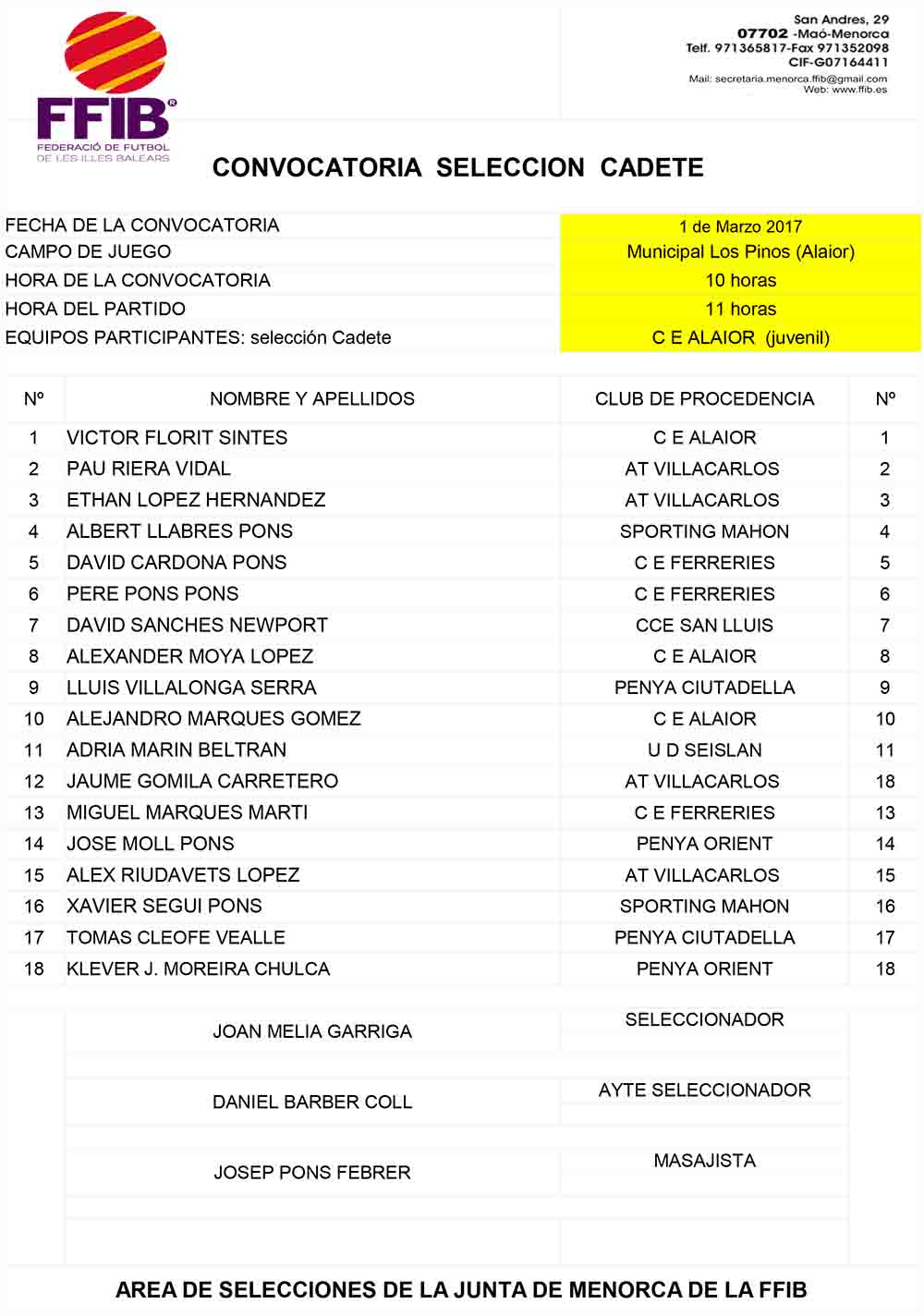 CONVOCATORIA SELECCIÓ ALEVI 170301
