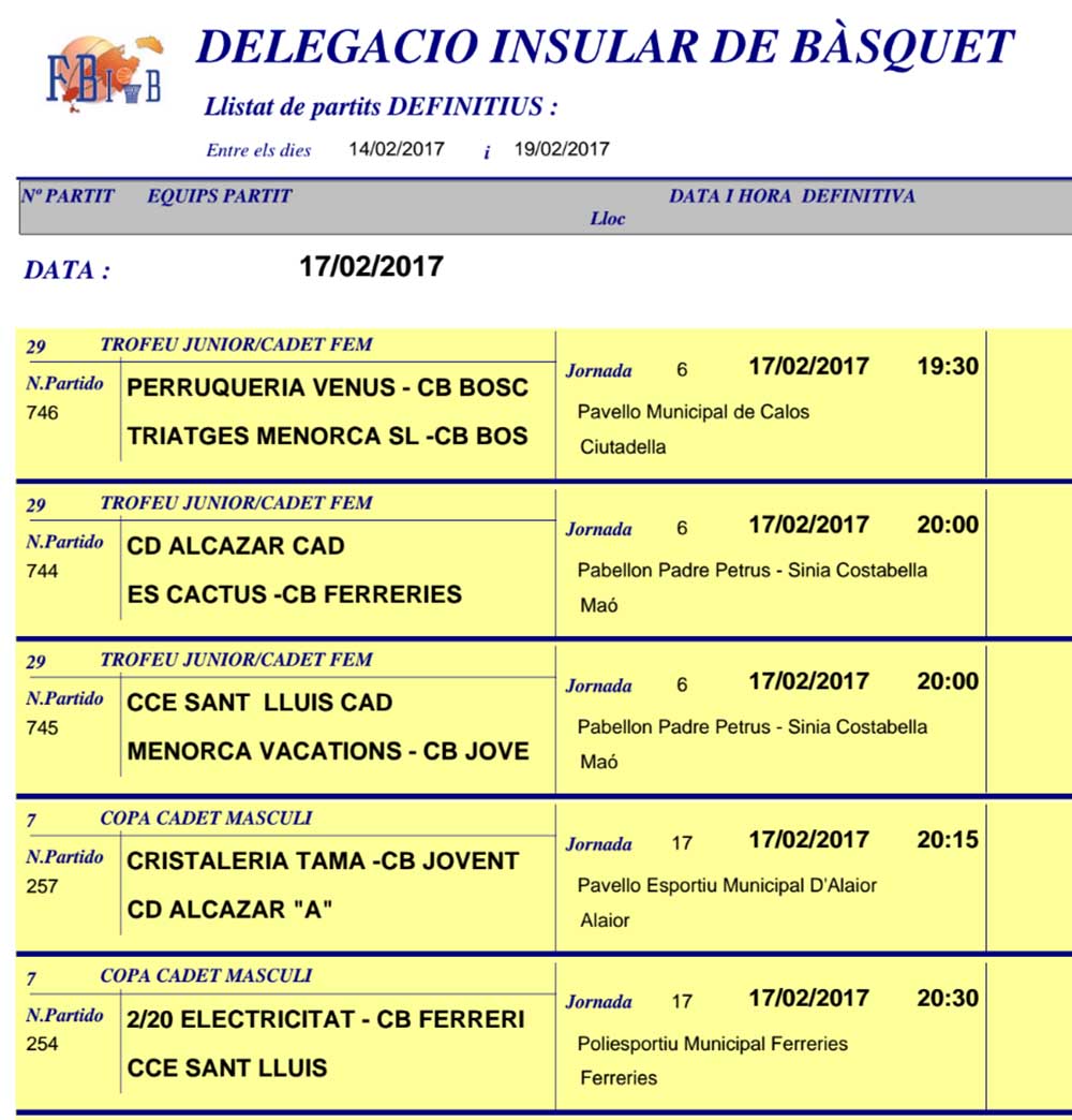 Horaris Basquet de Menorca