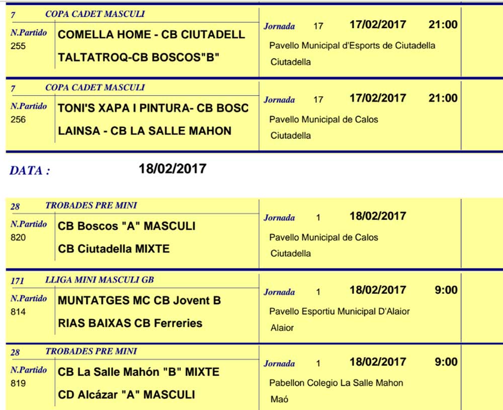 Horaris Basquet de Menorca