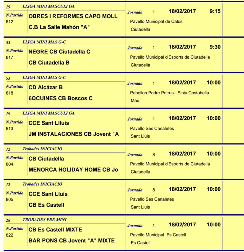 Horaris Basquet de Menorca