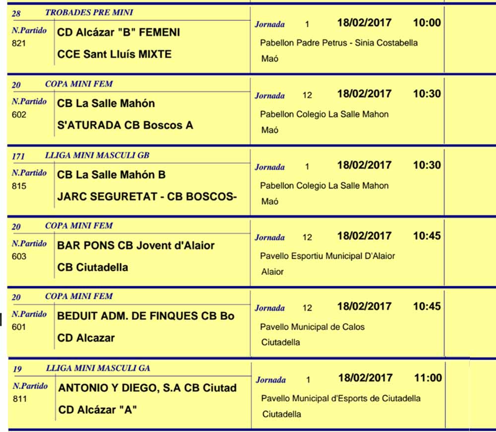 Horaris Basquet de Menorca