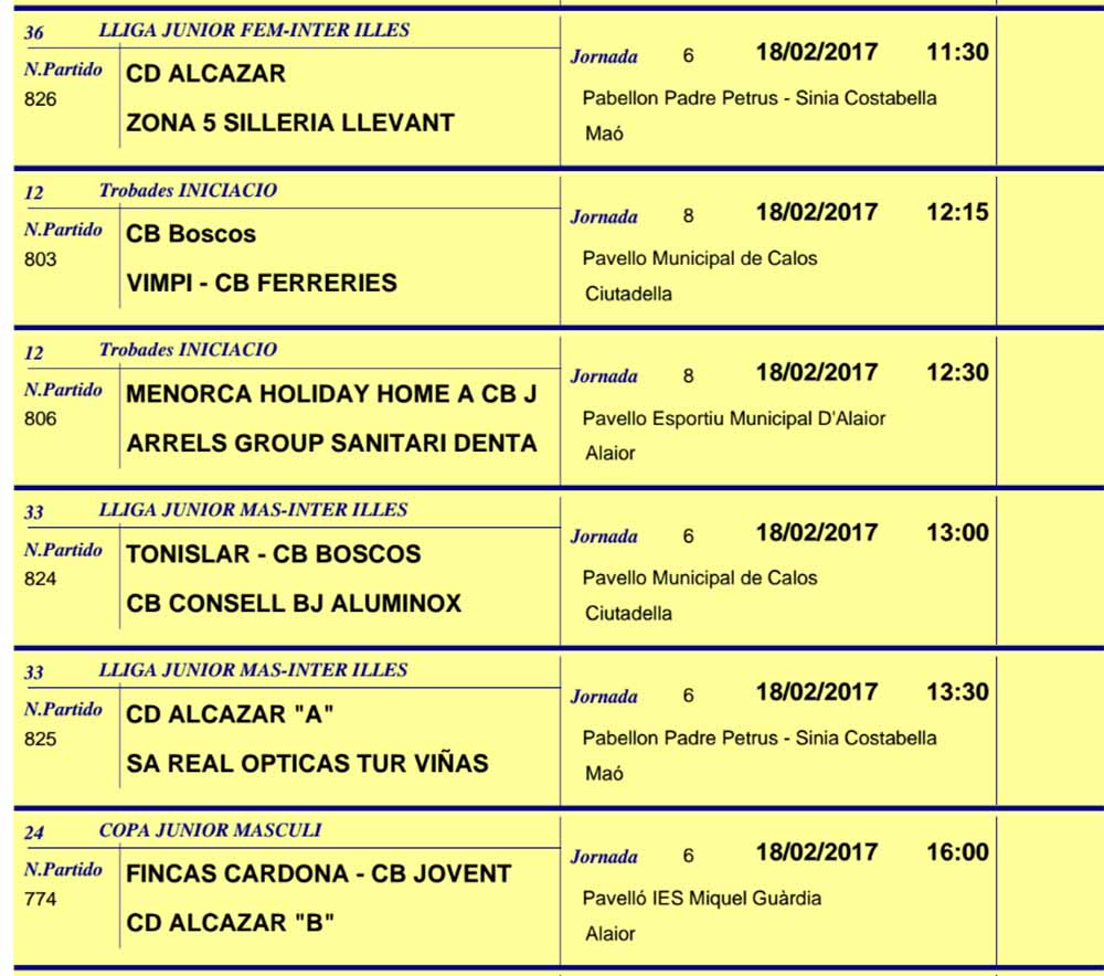 Horaris Basquet de Menorca